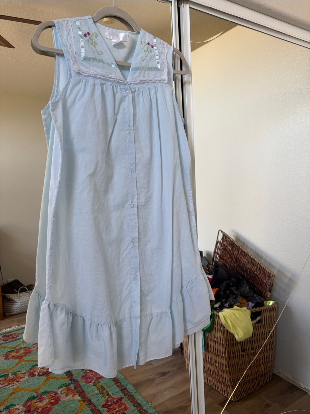 Vintage Light Blue Sleeveless Button-Front Nightgown with Embroidered Yoke
